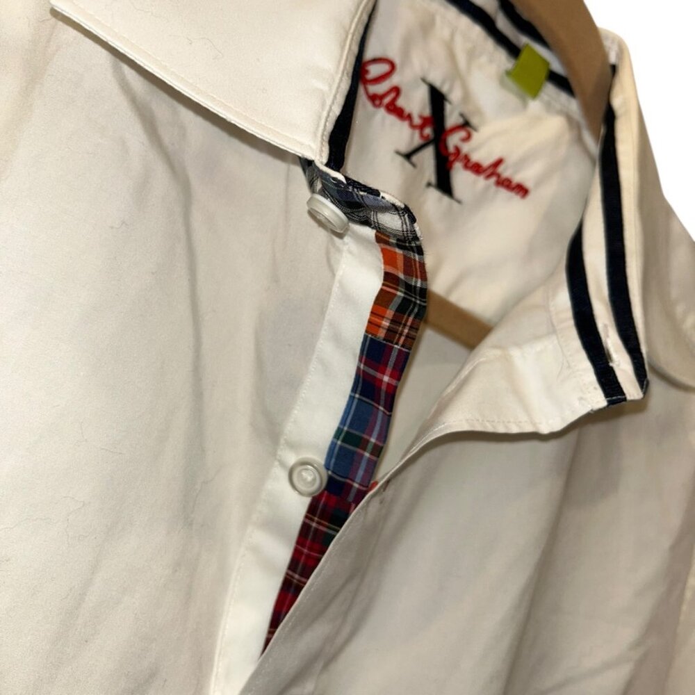 Robert Graham white black short sleeved crisp cotton button down shirt L plaid - Picture 4 of 6